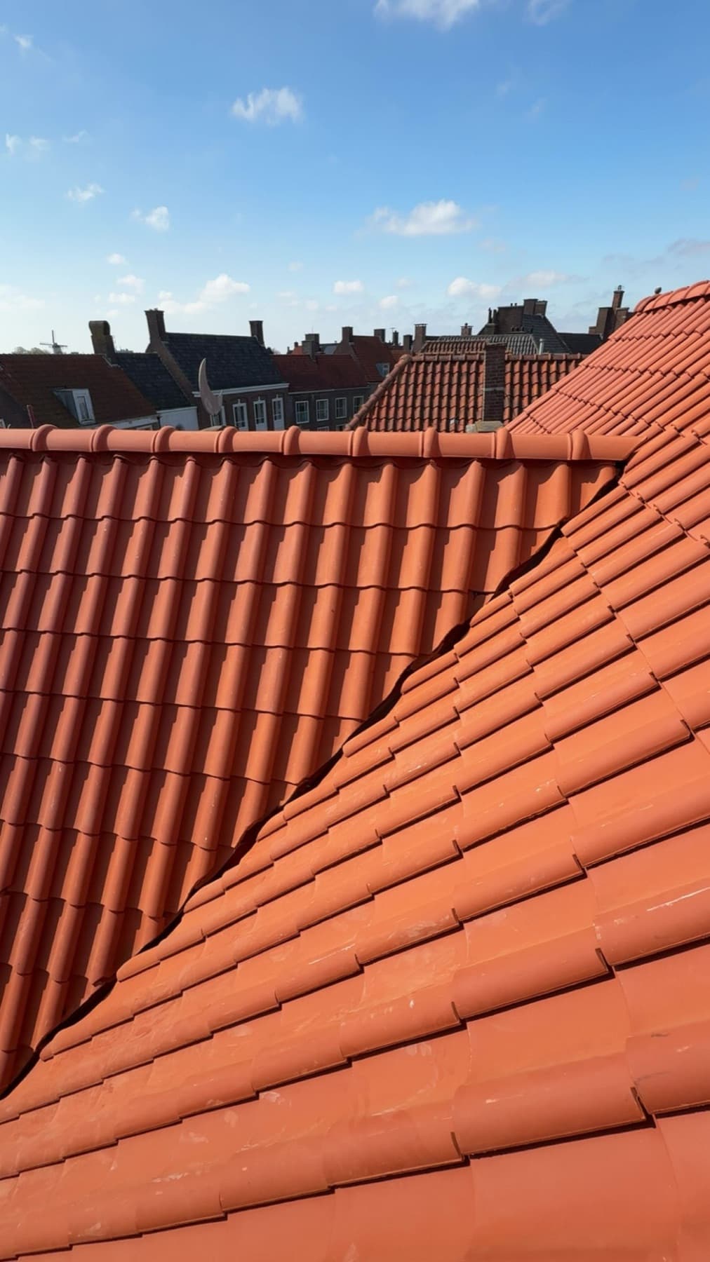 Strak gelegd nieuw pannendak met nokafwerking tegen een blauwe lucht